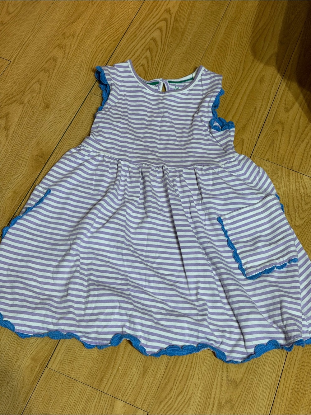 Mini Boden Lavender-and-White Striped Dress with Bright Blue Trim size 4 5